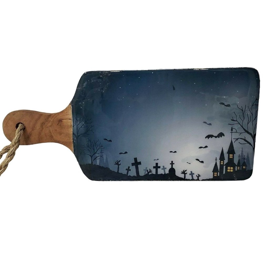 Natural Elements Halloween Resin And Wood Serving Board Graveyard Cemetery Spook